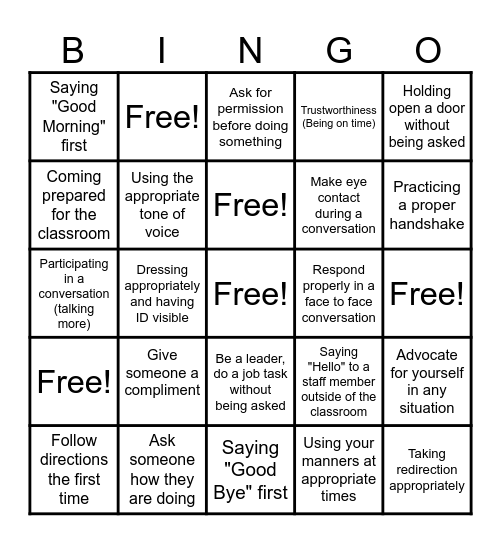 Social Skills BINGO Card