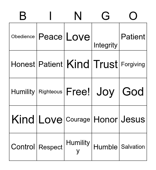 Self Control Bingo Card