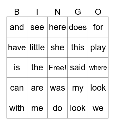 sight words Bingo Card