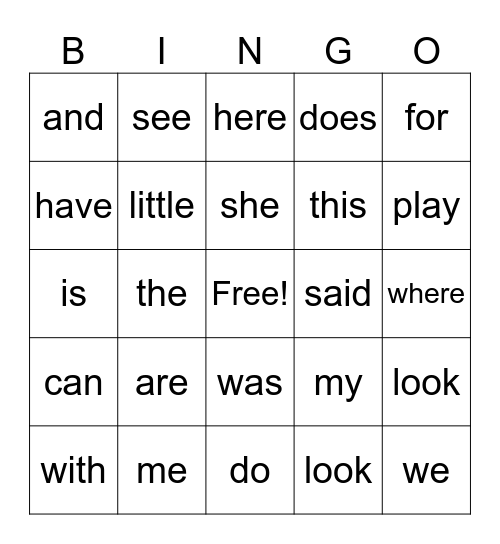 sight words Bingo Card