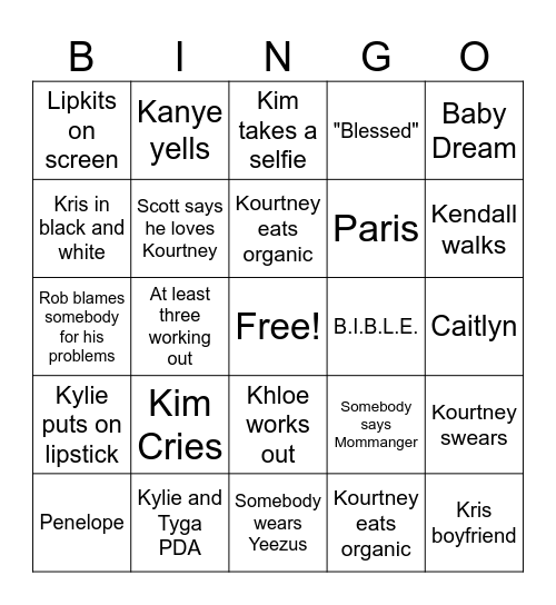 Kardashian Bingo Card