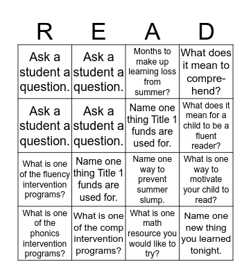 Caledonia Elementary Title 1 Night Bingo Card