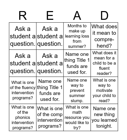 Caledonia Elementary Title 1 Night Bingo Card