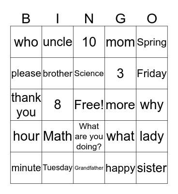 Sign Language Bingo Card
