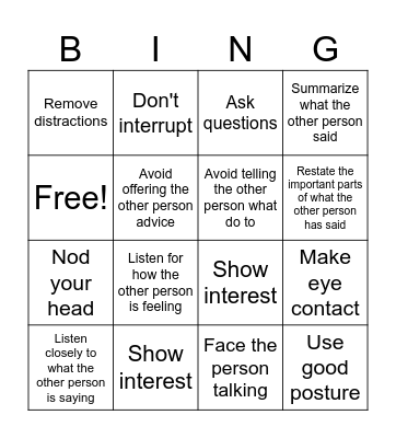 Listening and Summarizing and Showing Respect Without Words Bingo Card