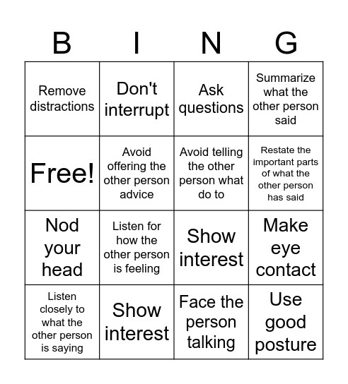 Listening and Summarizing and Showing Respect Without Words Bingo Card