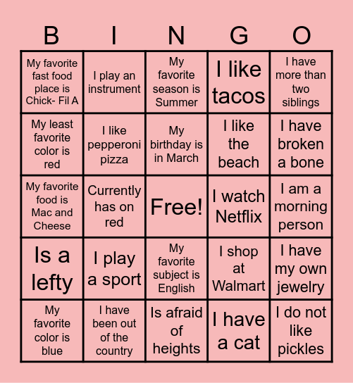 Who Am I? Bingo Card