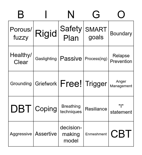 Therapy Terms Bingo Card
