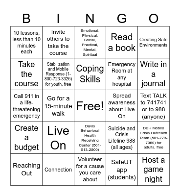 Youth Council Self-Care Bingo Card