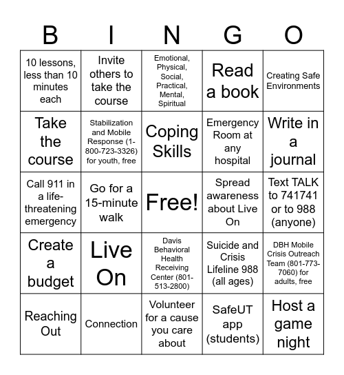 Youth Council Self-Care Bingo Card