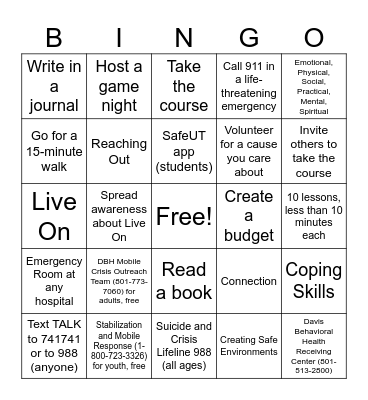 Youth Council Self-Care Bingo Card