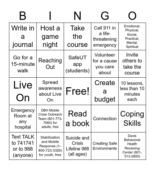 Youth Council Self-Care Bingo Card