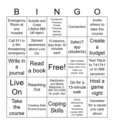 Youth Council Self-Care Bingo Card