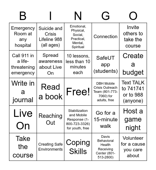 Youth Council Self-Care Bingo Card