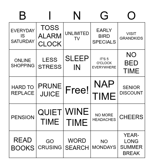 Retirement Bingo Card