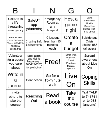 Youth Council Self-Care Bingo Card