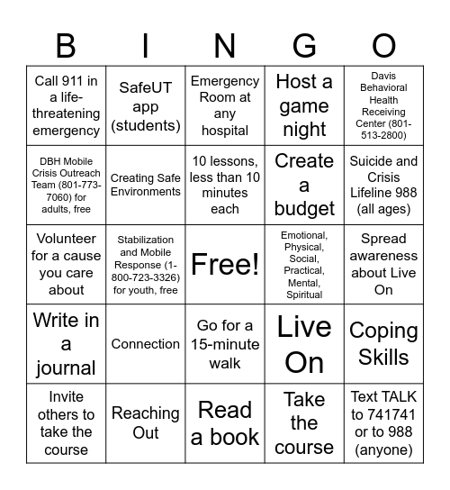 Youth Council Self-Care Bingo Card