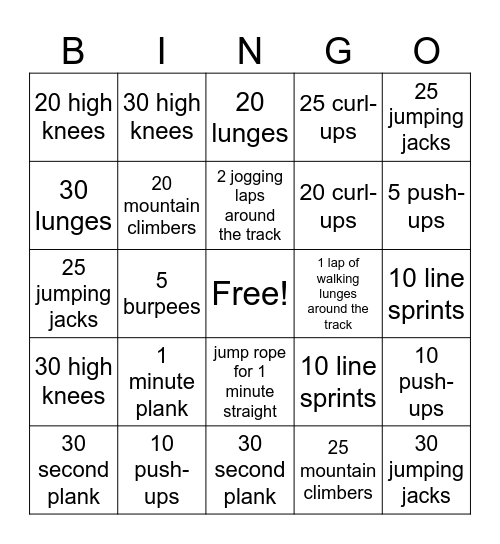 Fitness Bingo Card