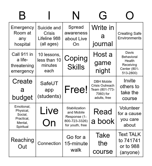 Youth Council Self-Care Bingo Card