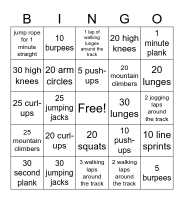 Fitness Bingo Card