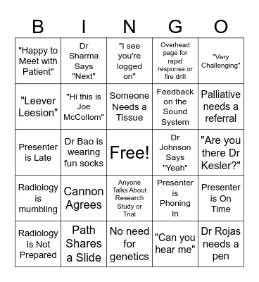 Tumor Board Bingo Card