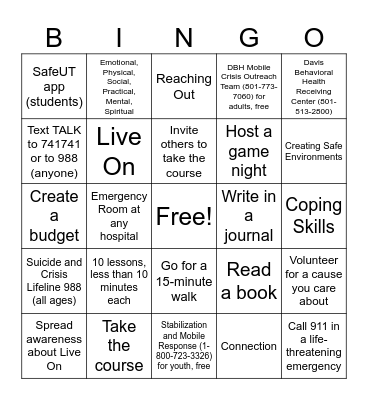 Youth Council Self-Care Bingo Card