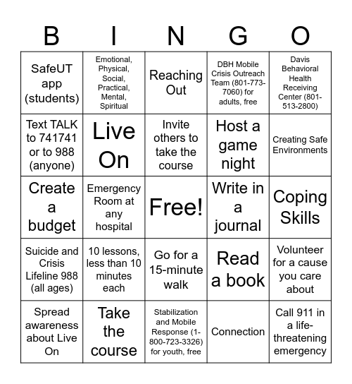 Youth Council Self-Care Bingo Card