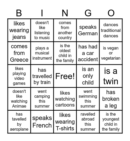 All about me Bingo Card