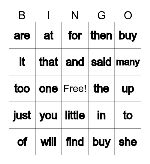 High Frequency Words & Heart Words 1 Bingo Card