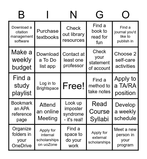 Grad Student Checklist Bingo! Bingo Card