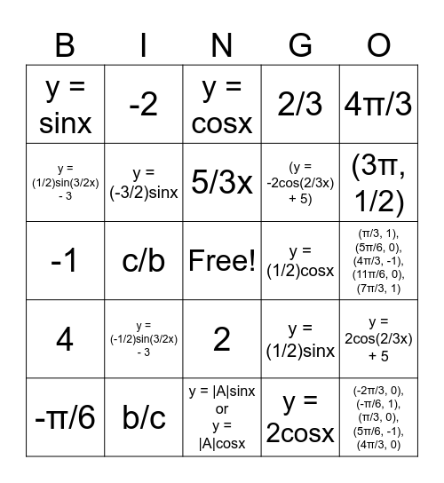 Trigonometric Graphs Bingo! Bingo Card