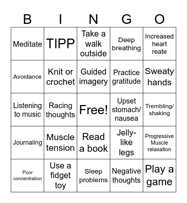 Anxiety Symptoms and Coping Skills Bingo Card