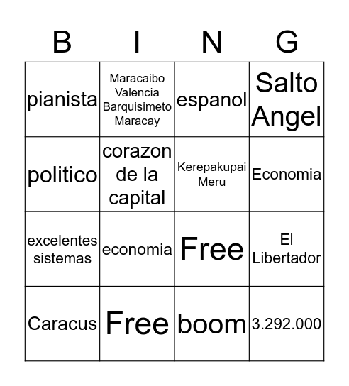 Venezuela Bingo Card