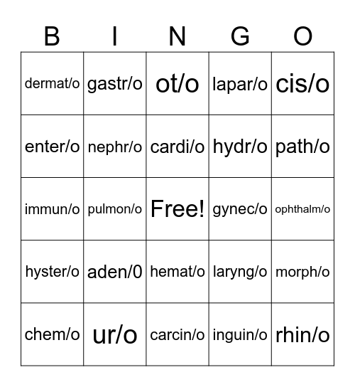 Combining Forms Bingo Card