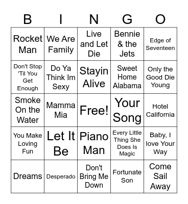 70s Round 1 Bingo Card