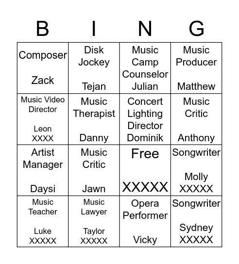 Careers in Music Bingo Card