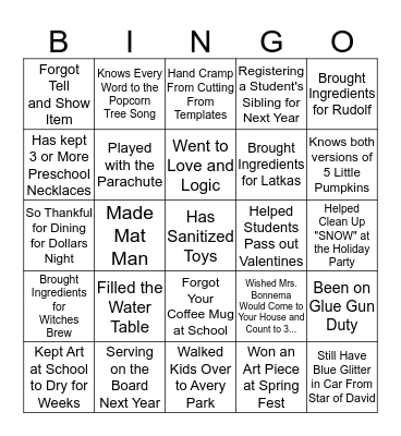 Fort Collins Preschool Parent BINGO Card