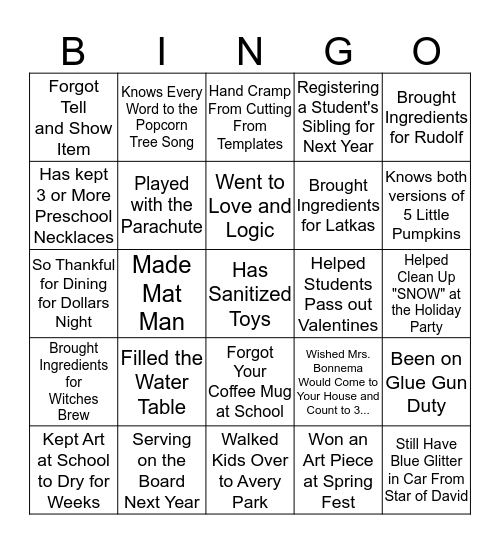 Fort Collins Preschool Parent BINGO Card