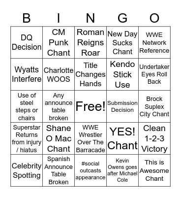 Wrestlemania Bingo Card