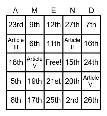 National Constitution Day Bingo Card