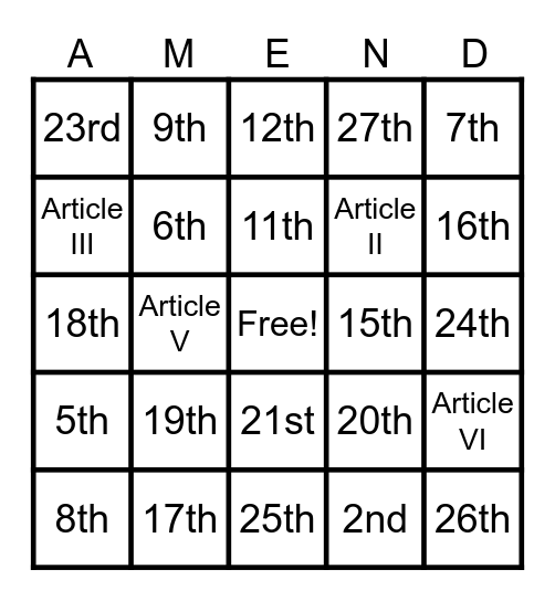 National Constitution Day Bingo Card