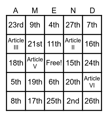 National Constitution Day Bingo Card