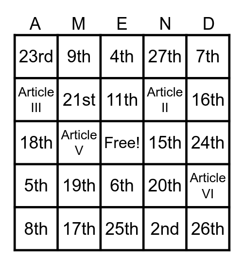 National Constitution Day Bingo Card