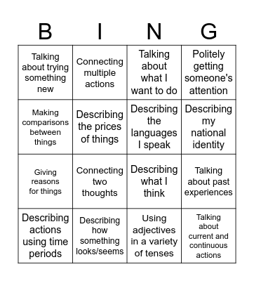 J34 Grammar Bingo Card