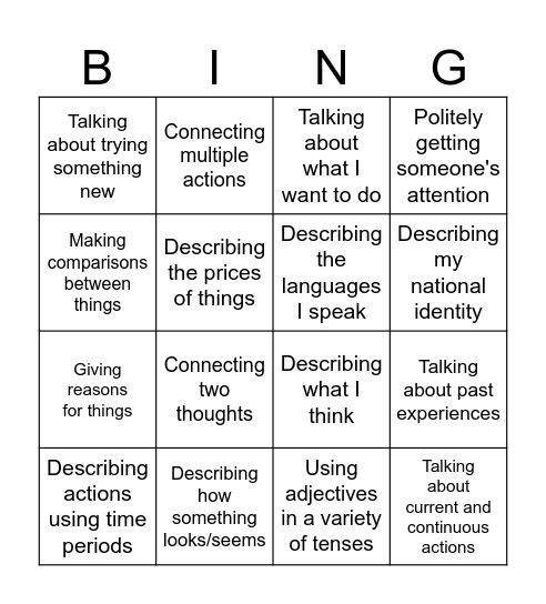 J34 Grammar Bingo Card