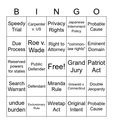 Civil Liberties Bingo Card