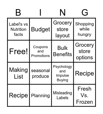 Grocery Store Bingo Card
