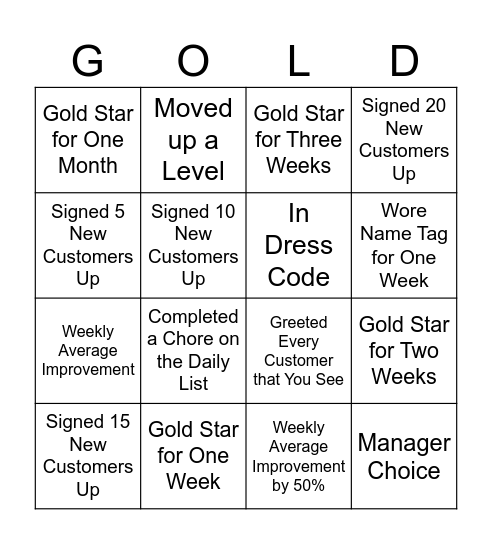 GOLD STAR Bingo Card