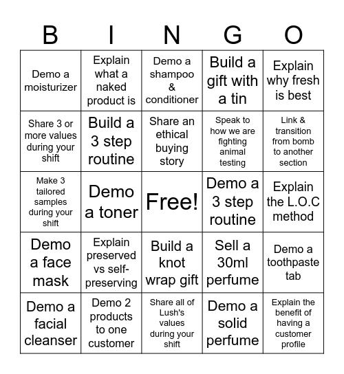 Lush Values and Demos Bingo Card