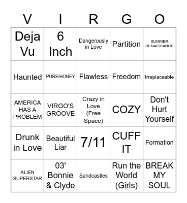 Beyonce Bingo Card
